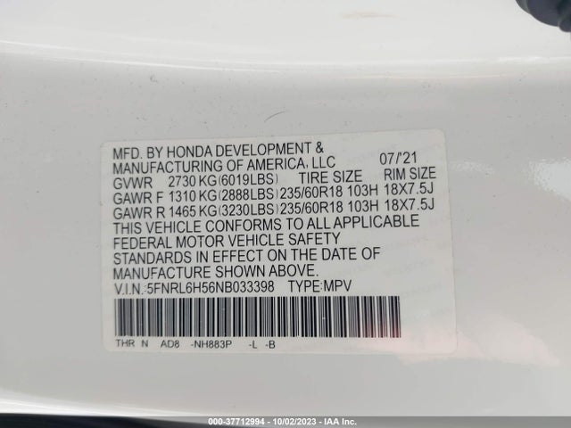 Honda ODYSSEY EX 2022 5FNRL6H56NB033398 Image 9