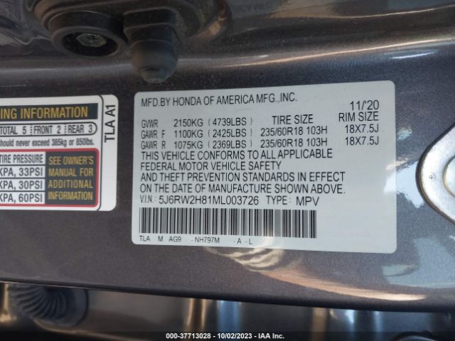5J6RW2H81ML003726 Honda Cr-v Ex-l