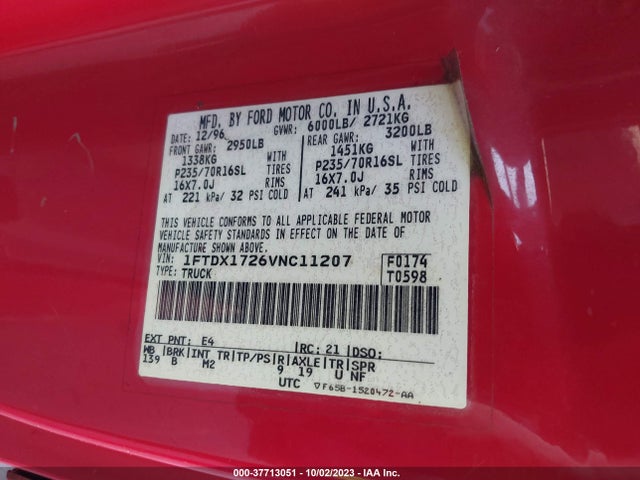 1997 FORD F-150 VIN: 1FTDX1726VNC11207