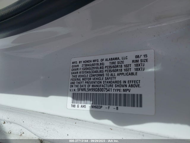 Honda Odyssey Touring 2016 5FNRL5H99GB007541 Image 9