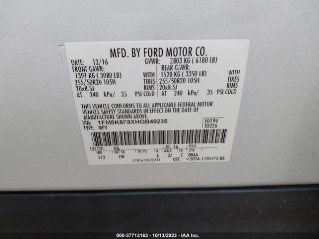 1FM5K8F8XHGB49235 Ford Explorer Limited