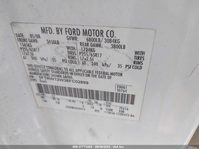 2008 FORD F-150 XL/XLT/FX2 VIN: 1FTRW12W38FC02899