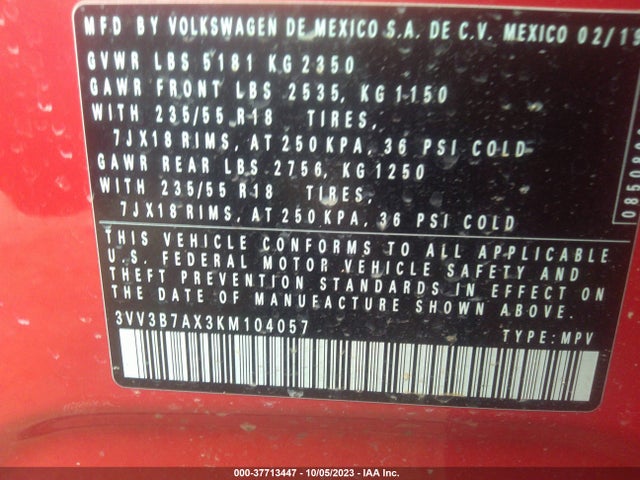 3VV3B7AX3KM104057 Volkswagen Tiguan Se/sel/sel R-line
