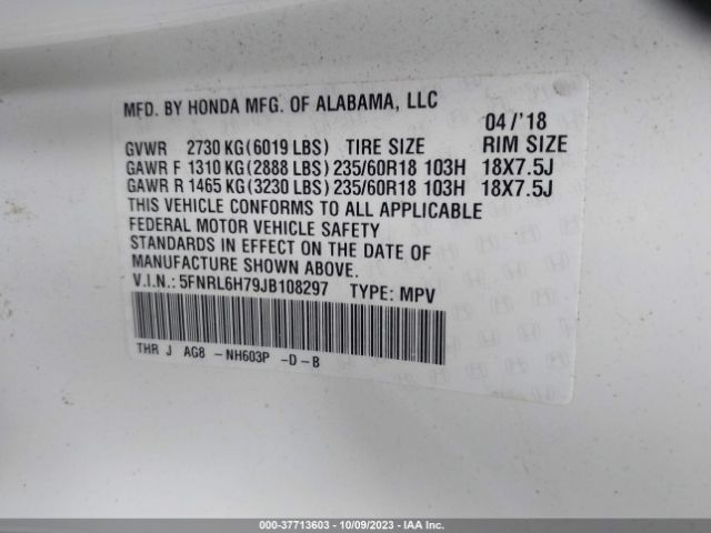 5FNRL6H79JB108297 Honda Odyssey Ex-l