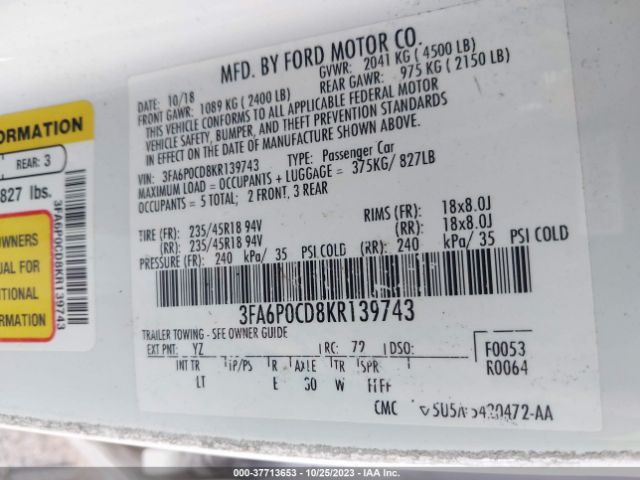 3FA6P0CD8KR139743 Ford FUSION SEL