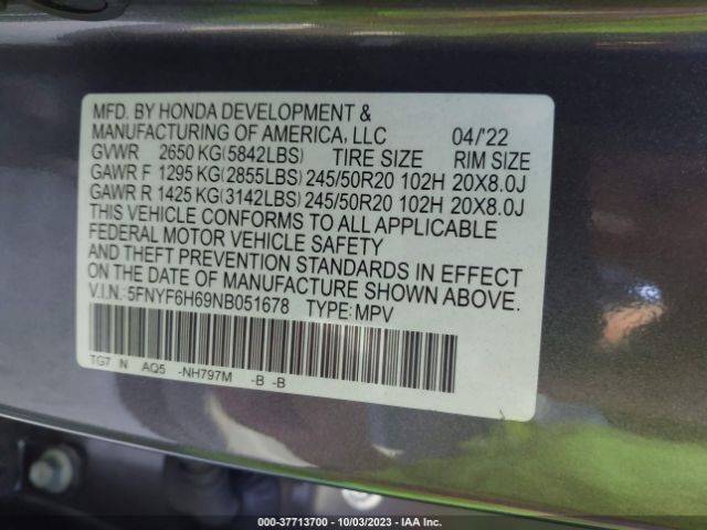 5FNYF6H69NB051678 Honda Pilot Touring 7-passenger