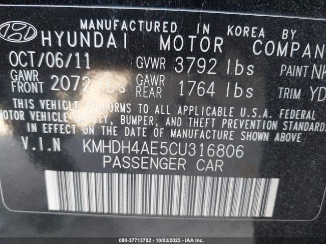 2012 HYUNDAI ELANTRA GLS PZEV VIN: KMHDH4AE5CU316806