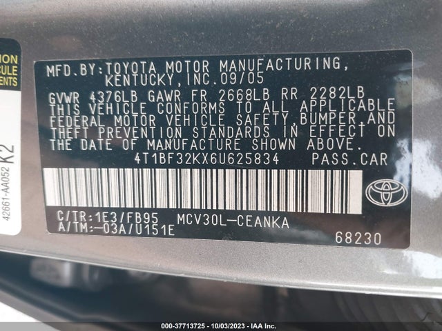 2006 TOYOTA CAMRY V6 VIN: 4T1BF32KX6U625834