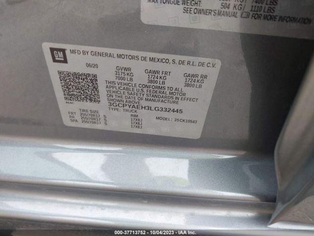 3GCPYAEH3LG332445 Chevrolet Silverado 1500 4wd  Short Bed Wt