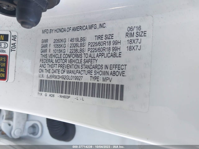 Honda Cr-v Touring 2016 5J6RM3H92GL019927 Image 9
