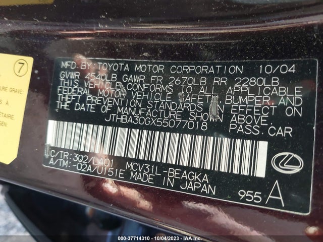 2005 LEXUS ES 330 VIN: JTHBA30GX55077018