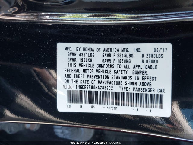 2017 HONDA ACCORD SEDAN EX-L VIN: 1HGCR2F80HA285902