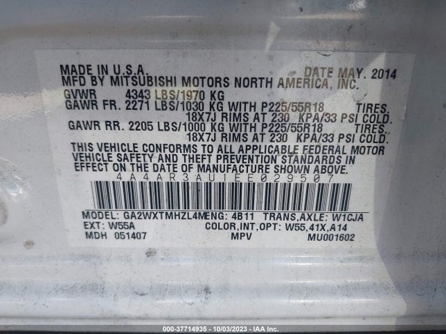 4A4AR3AU1EE029507 Mitsubishi Outlander Sport Es