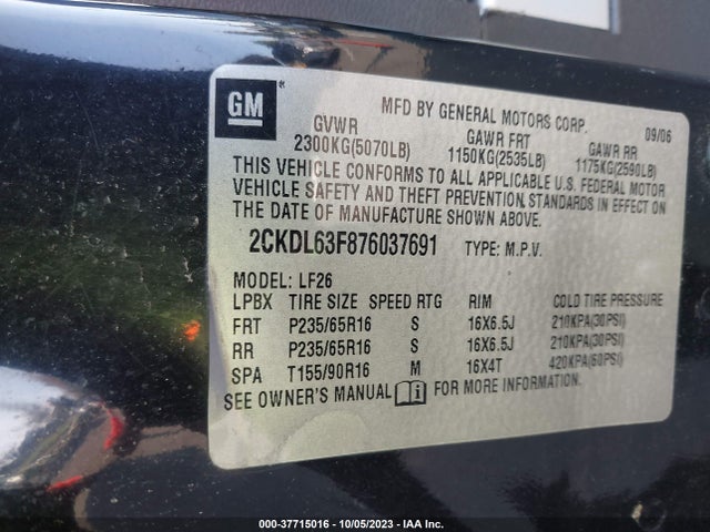 2007 PONTIAC TORRENT VIN: 2CKDL63F876037691