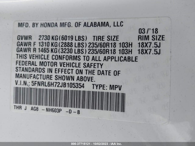 2018 HONDA ODYSSEY EX-L VIN: 5FNRL6H72JB105354