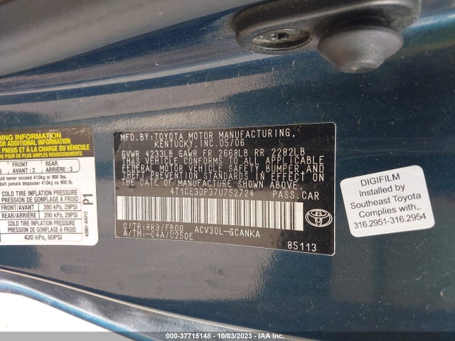 2007 TOYOTA CAMRY SOLARA SE VIN: 4T1CE30P37U752724