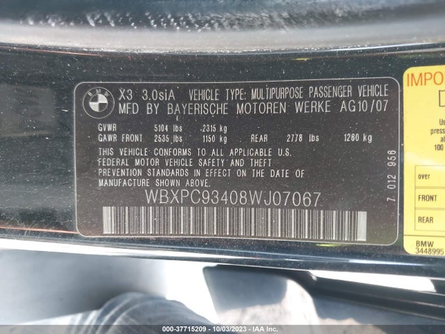 2008 BMW X3 3.0SI VIN: WBXPC93408WJ07067