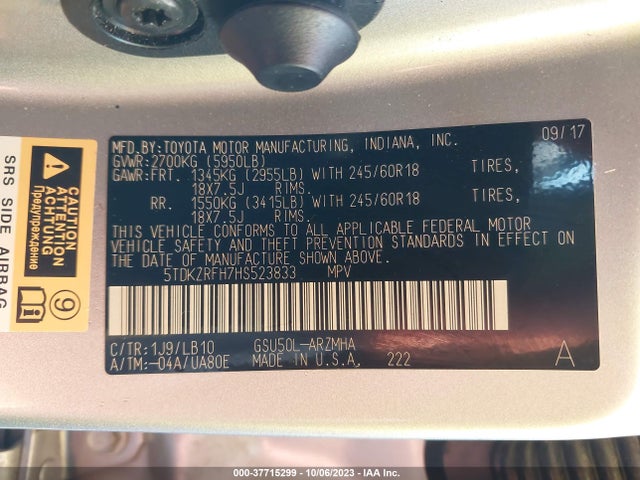 Toyota Highlander Xle/se 2017 5TDKZRFH7HS523833 Image 9