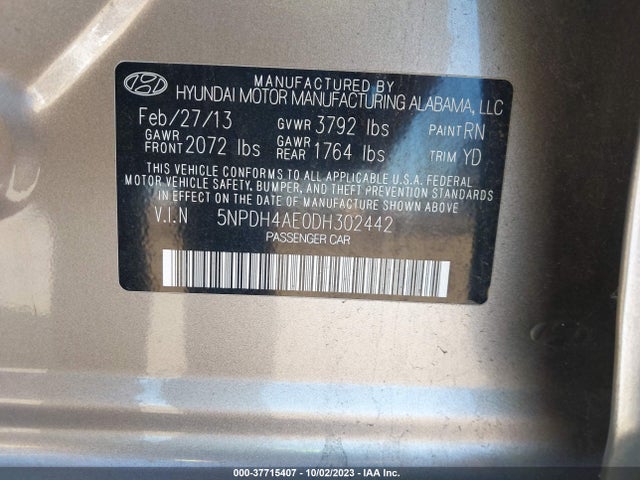 2013 HYUNDAI ELANTRA GLS PZEV VIN: 5NPDH4AE0DH302442