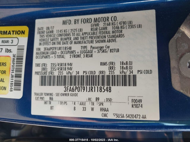 2018 FORD FUSION SE VIN: 3FA6P0T91JR118548