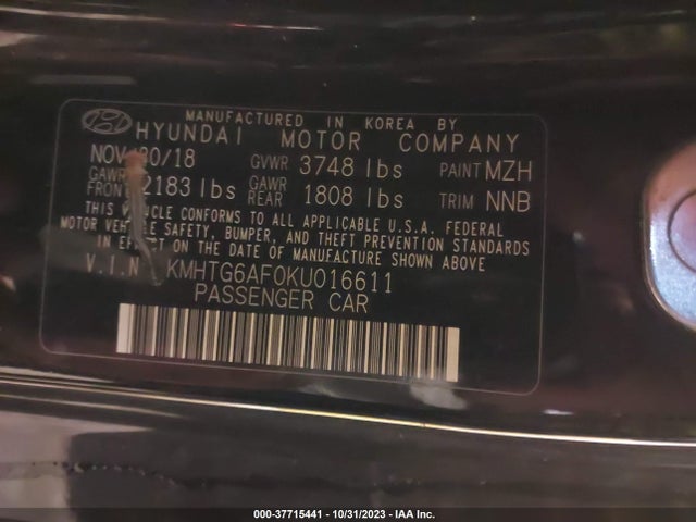 2019 HYUNDAI VELOSTER 2.0 VIN: KMHTG6AF0KU016611