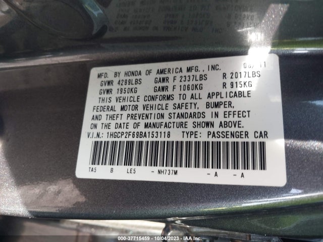 37715459 :رقم المزاد ، 1HGCP2F69BA153118 vin ، 2011 Honda Accord Sdn Se مزاد بيع