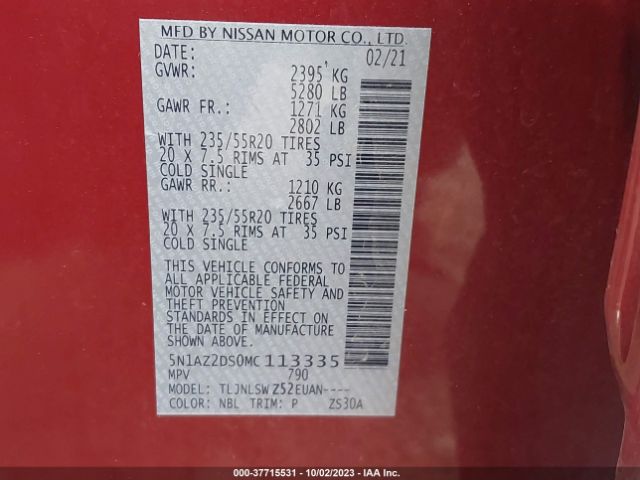 5N1AZ2DS0MC113335 Nissan Murano Platinum