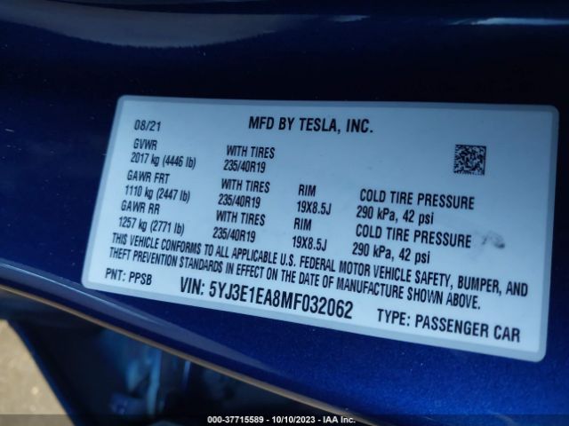 5YJ3E1EA8MF032062 Tesla Model 3 Standard Range Plus