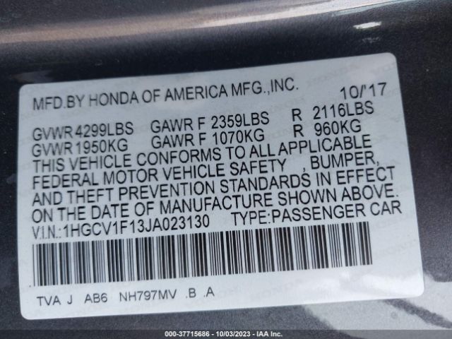 1HGCV1F13JA023130 Honda Accord Sedan Lx 1.5t
