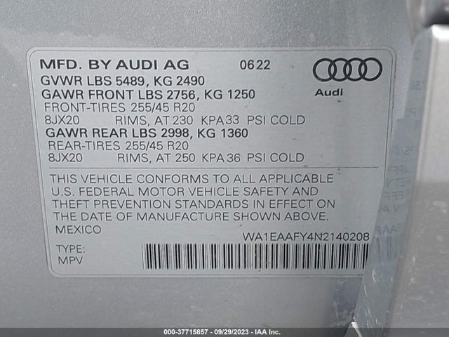 WA1EAAFY4N2140208 Audi Q5 S Line Premium Plus