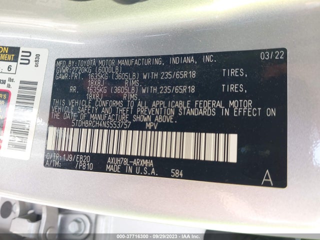 Toyota HIGHLANDER HYBRID 2022 5TDHBRCH4NS553757 Image 9
