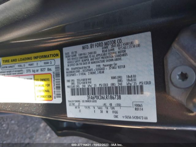 3FA6P0CD6LR186738 Ford FUSION SEL