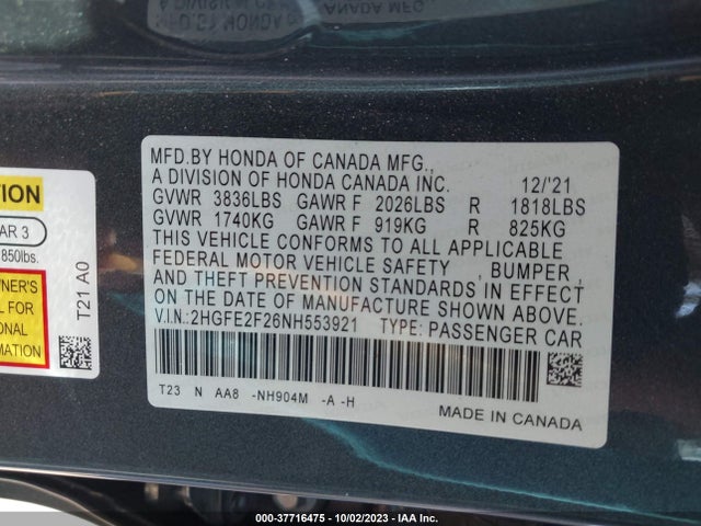 2022 HONDA CIVIC SEDAN LX VIN: 2HGFE2F26NH553921