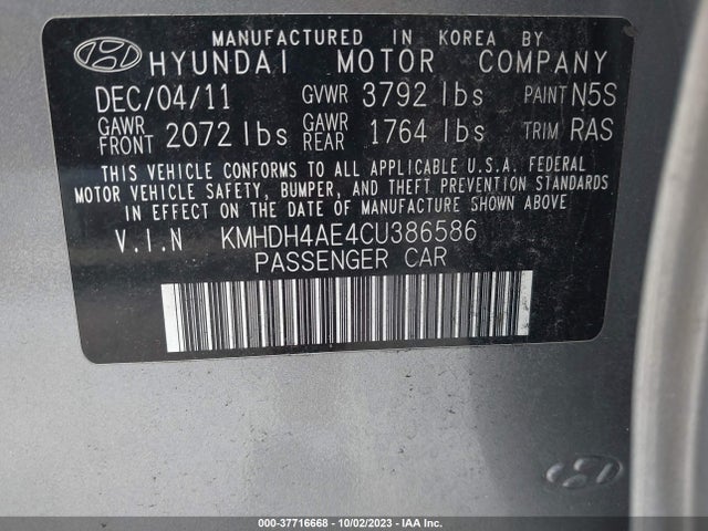 37716668 :رقم المزاد ، KMHDH4AE4CU386586 vin ، 2012 Hyundai Elantra Gls Pzev مزاد بيع