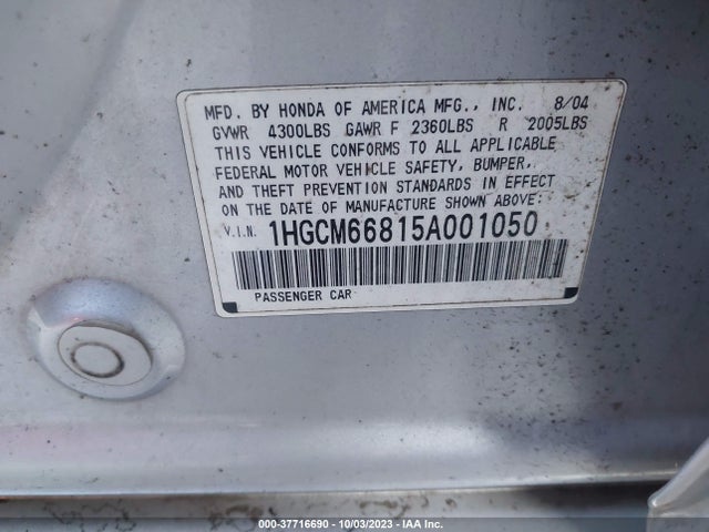 2005 HONDA ACCORD SDN EX-L V6 WITH NAVI VIN: 1HGCM66815A001050