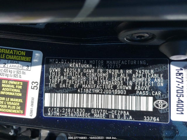 Toyota Camry V6 2018 4T1BZ1HK2JU010903 Image 9