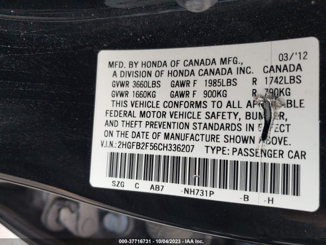 2012 HONDA CIVIC SDN LX VIN: 2HGFB2F56CH336207