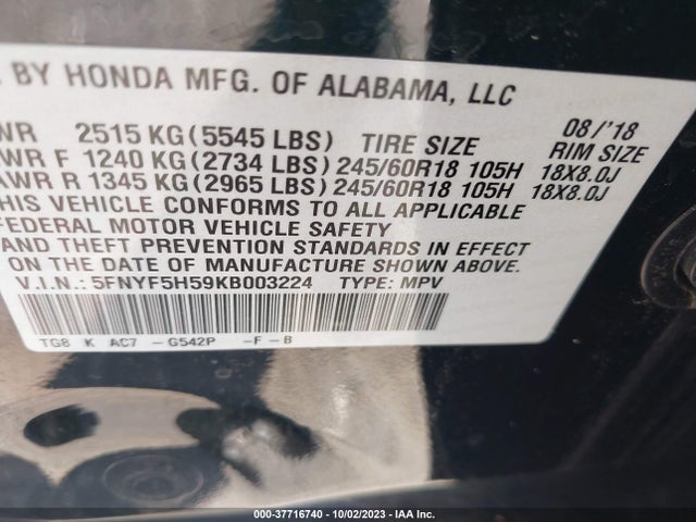 Honda Pilot Ex-l 2019 5FNYF5H59KB003224 Image 9