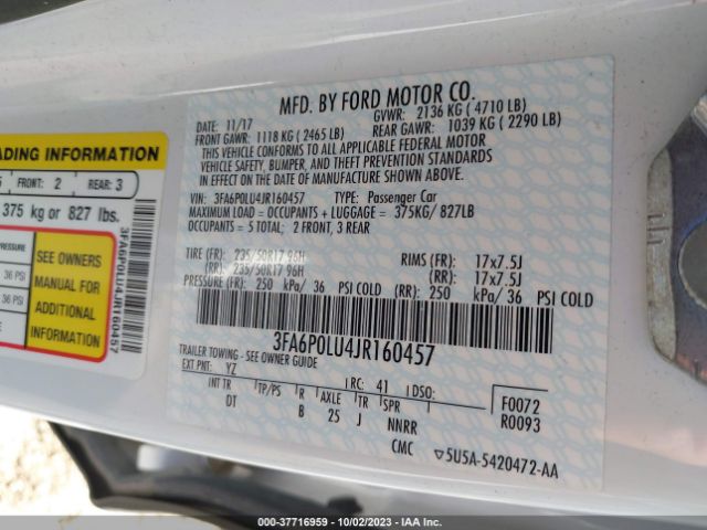 3FA6P0LU4JR160457 Ford Fusion Hybrid Se