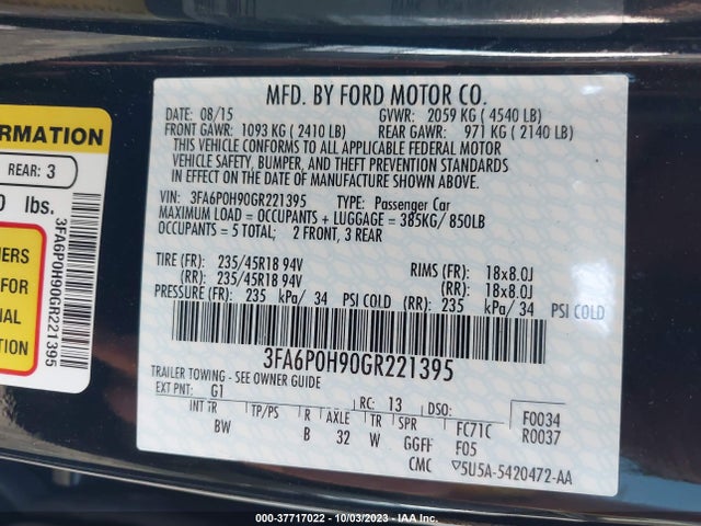 Ford FUSION SE 2016 3FA6P0H90GR221395 Image 9