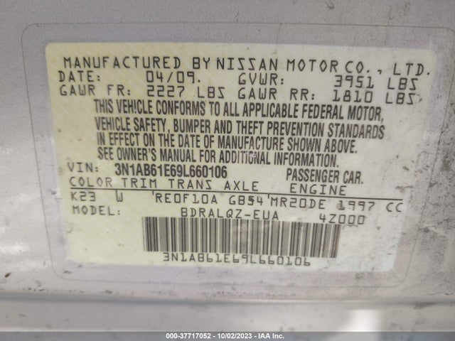 2009 NISSAN SENTRA 2.0 FE+ VIN: 3N1AB61E69L660106