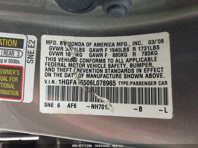 2006 HONDA CIVIC SDN LX VIN: 1HGFA16506L078965
