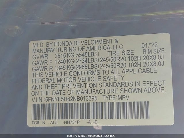 Honda Pilot Touring 7-passenger 2022 5FNYF5H62NB013395 Image 9