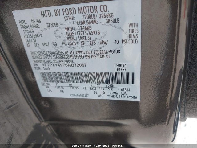 2006 FORD F-150 XLT/FX4/LARIAT/XL VIN: 1FTPX14V76NB72057