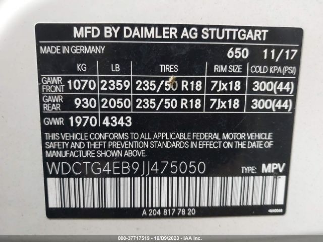 WDCTG4EB9JJ475050 Mercedes-Benz Gla Gla 250