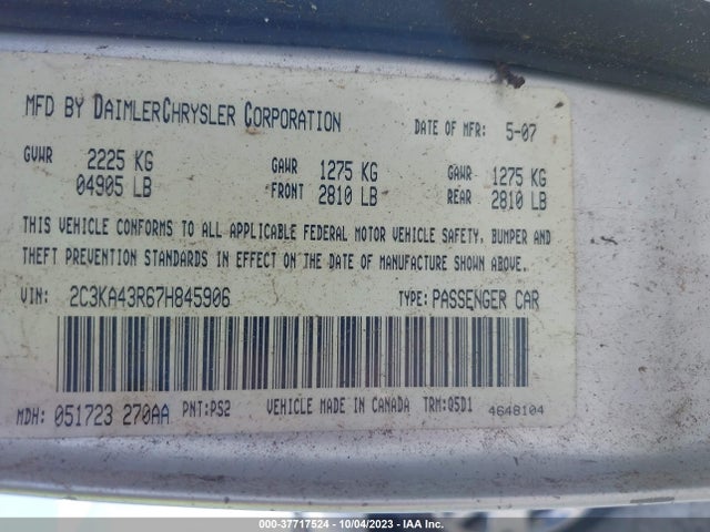 2007 CHRYSLER 300 VIN: 2C3KA43R67H845906