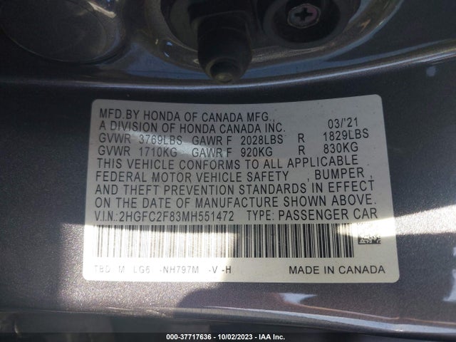 2021 HONDA CIVIC SEDAN 2HGFC2F83MH551472 Photo 8
