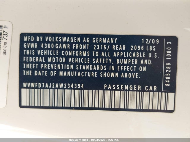 2010 VOLKSWAGEN GTI VIN: WVWFD7AJ2AW234394