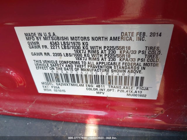 4A4AP3AU9EE024027 Mitsubishi Outlander Sport Es