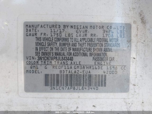 3N1CN7AP8JL843440 Nissan Versa Sedan S Plus
